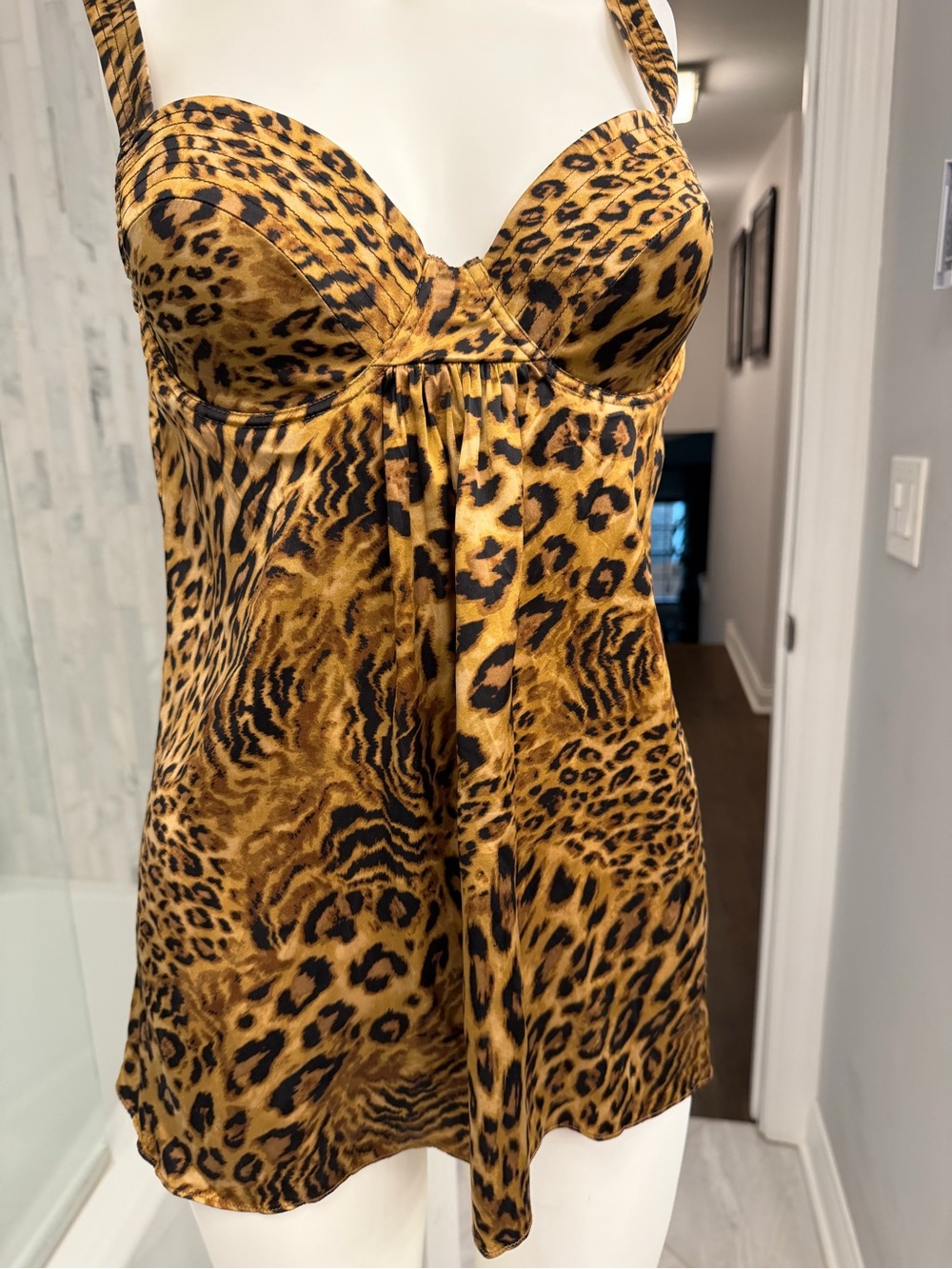 Leopard Print Silk Bustier Camisole Top in Golden Brown Sz S